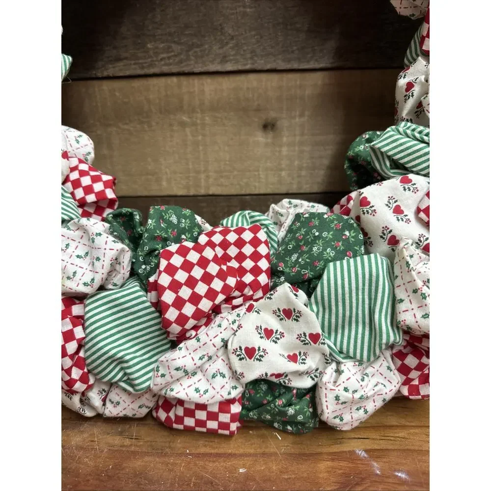 Christmas Themed Rag Wreath Handmade Red White Green Holiday Festive Decor 17”
